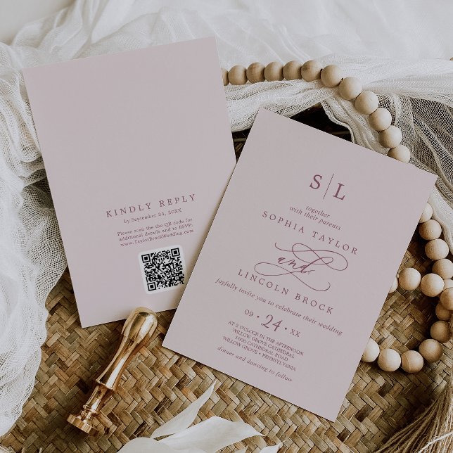 Convite SOPHIA QR Code Burgundy Blush All In One Wedds (Es (SOPHIA QR Code Burgundy Blush All In One Wedding Invitation)