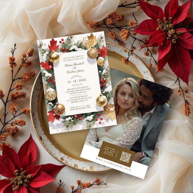 Convite Sophistated Colorful Christmas Botanical & Floral (Sophisticated Colorful Christmas Botanical and Floral Frame Wedding Invitations Cards with Back QR.)