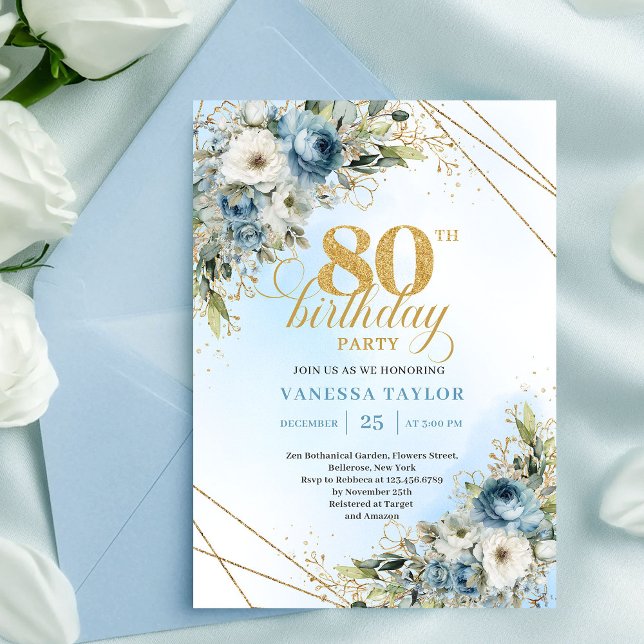 Convite Sophisticated 80th Birthday Invite Dusty Blue Gold (Sophisticated 80th Birthday Invite Dusty Blue Watercolor)