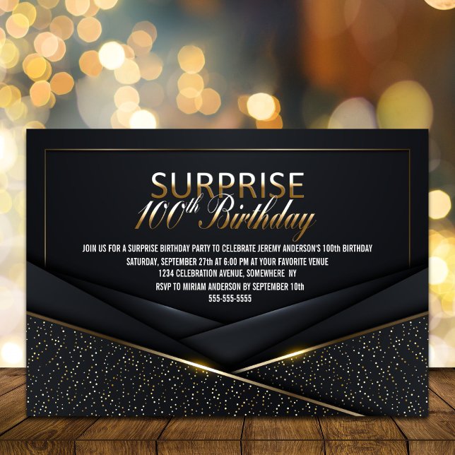 Convite Sophisticated Black 100th Surprise Birthday (Criador carregado)