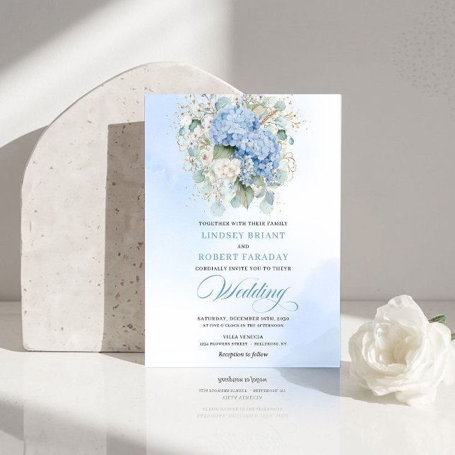 Convite Sophisticated Blue Hydrangea Gold Wedding Invite (Sophisticated Blue Hydrangea Gold Wedding Invite)