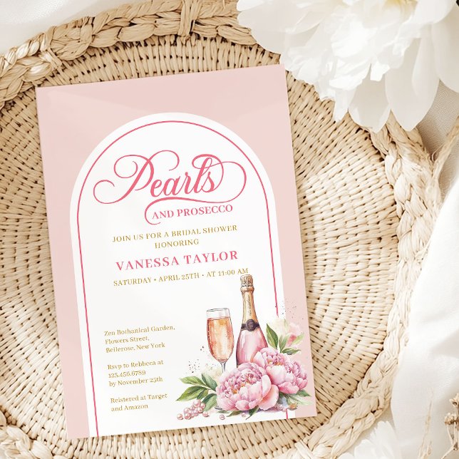 Convite Sophisticated Blush and Gold Bridal Shower Card (Elegant Pearls and Prosecco Bridal Shower Invite)