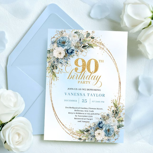 Convite Sophisticated Bohemian Blue Floral Gold 90th Bday (Sophisticated Bohemian Blue Floral Gold 90th Birthday)