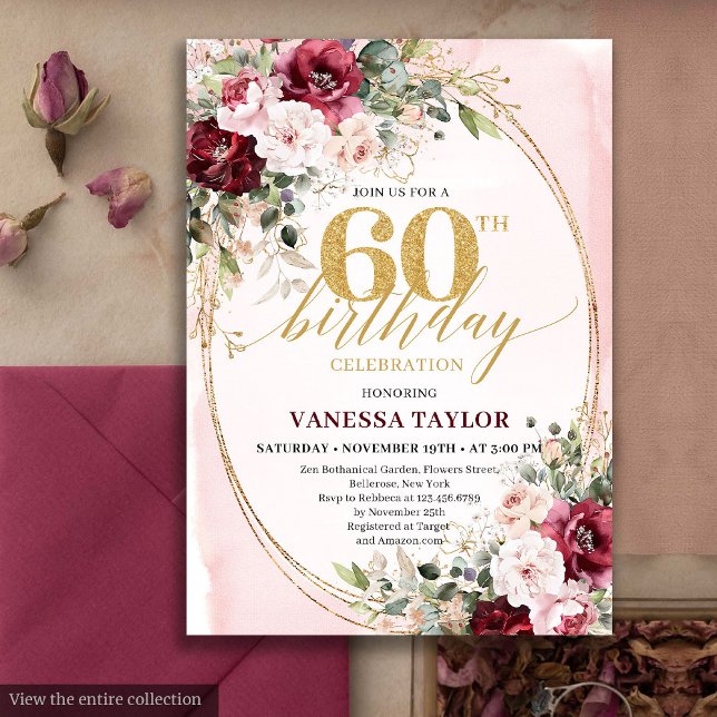 Convite Sophisticated Boho Blush Gold 60th Birthday Invite (Sophisticated Boho Blush Gold 60th Birthday)