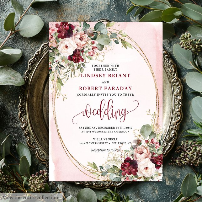 Convite Sophisticated Boho Maroon Blush Gold Floral Invite (Sophisticated Boho Maroon Blush Gold Floral Invitation

)