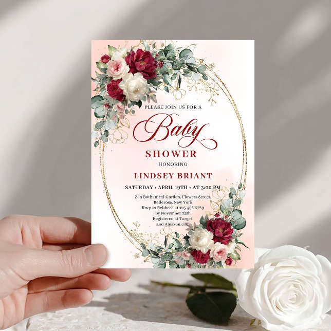 Convite Sophisticated Boho Marsala Floral Gold Baby Shower (Sophisticated Boho Marsala Floral Gold Baby Shower Invitation)