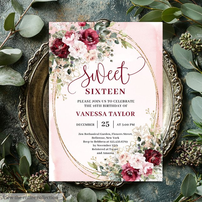 Convite Sophisticated Burgundy Blush Sweet Sixteen Invites (Sophisticated Burgundy Blush Sweet Sixteen Invitation

)