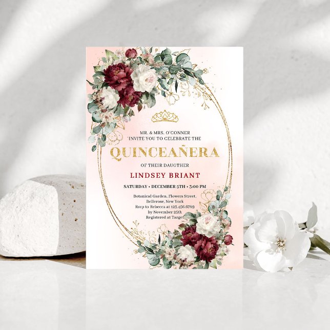 Convite Sophisticated Burgundy Floral Gold Quince Invite (Sophisticated Burgundy Floral Gold Quince Invitation)
