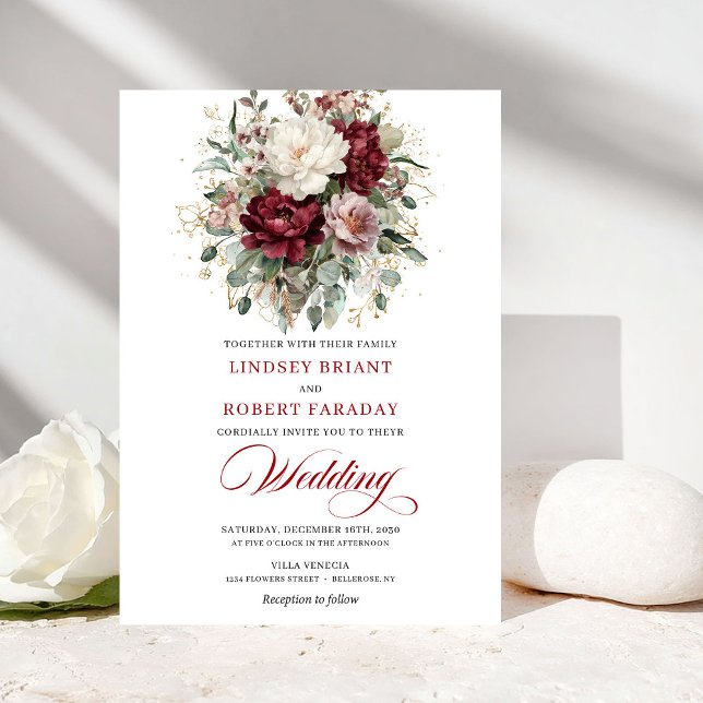 Convite Sophisticated Burgundy White Floral Gold Wedding  (Sophisticated Burgundy White Floral Gold Wedding Invite)
