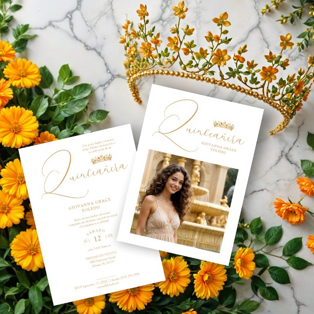 Convite Sophisticated Colorful Tiara & Elegant Script (Sophisticated Colorful Princess Tiara & Elegant Script Photo Quinceañera Invitations Cards.)