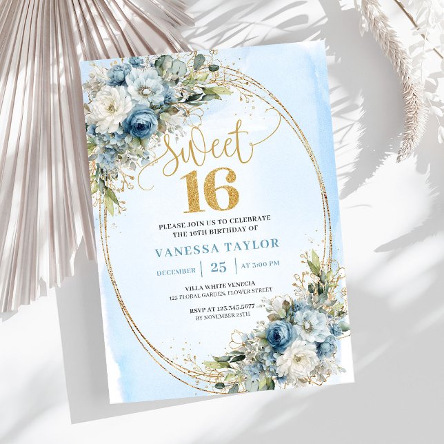 Convite Sophisticated Dusty Blue Gold Sweet Sixteen Invite (Sophisticated Dusty Blue Gold Sweet Sixteen Invite)