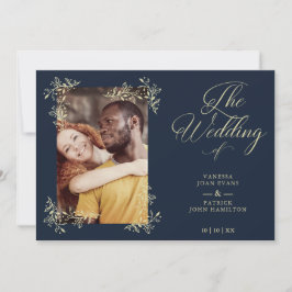 Convite Sophisticated Elegant Flourish Navy Photo Wedding