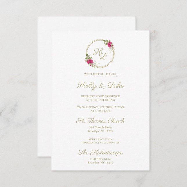 Convite Sophisticated Elegant Pink Floral Wedding Wreath (Frente/Verso)