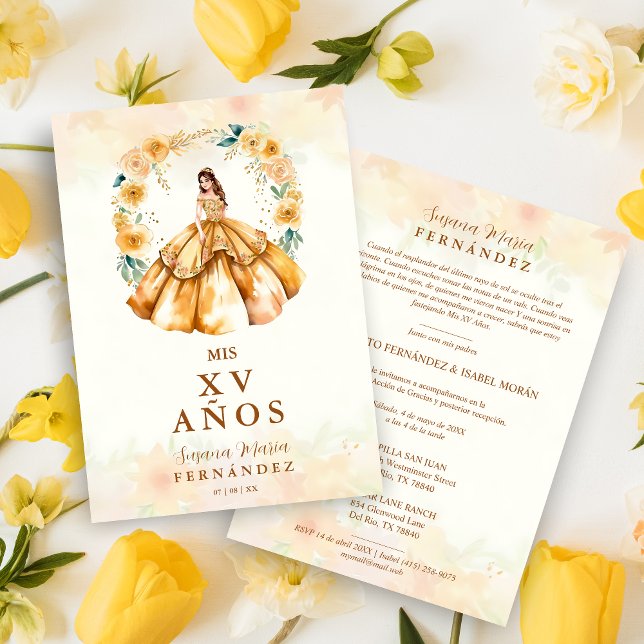 Convite Sophisticated Floral Garland Spanish Photo Mis XV (Sophisticated Gown Illustration Floral Garland Spanish Mis XV in Yellow Shades Invitation.)