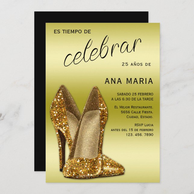 Convite Sophisticated Gold Spanish Feminine Birthday  (Frente/Verso)