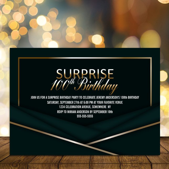 Convite Sophisticated Green Dourado 100th Surprise Birthda (Criador carregado)