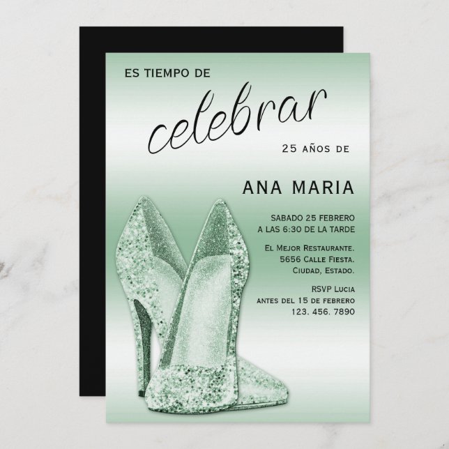 Convite Sophisticated Green Spanish Feminine Birthday  (Frente/Verso)