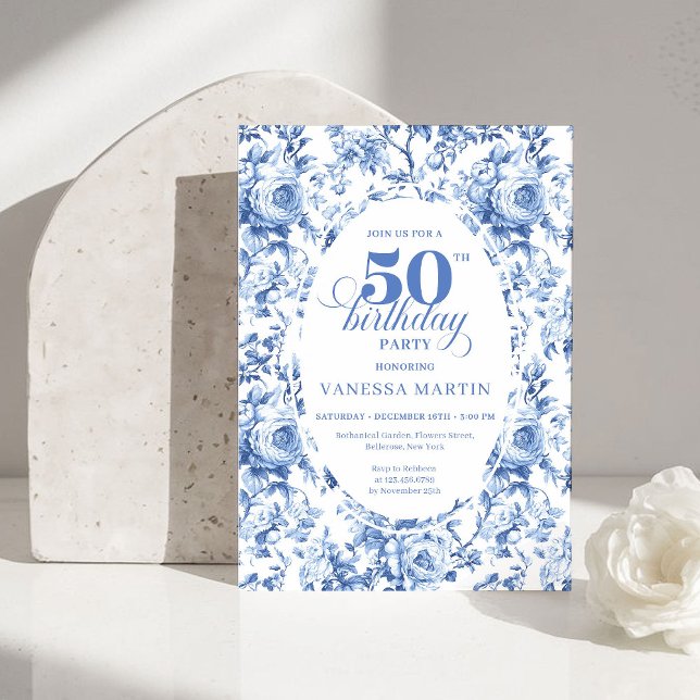 Convite Sophisticated Navy Toile Rose 50th Birthday Invite (Sophisticated Navy Toile Rose 50th Birthday Invite)