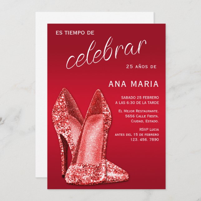 Convite Sophisticated Red Spanish Feminine Birthday  (Frente/Verso)