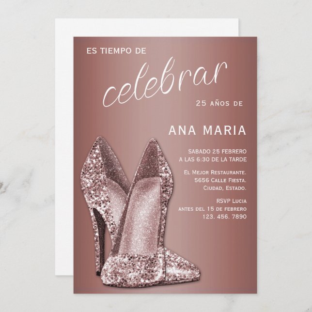 Convite Sophisticated Rose Gold Spanish Feminine Birthday  (Frente/Verso)