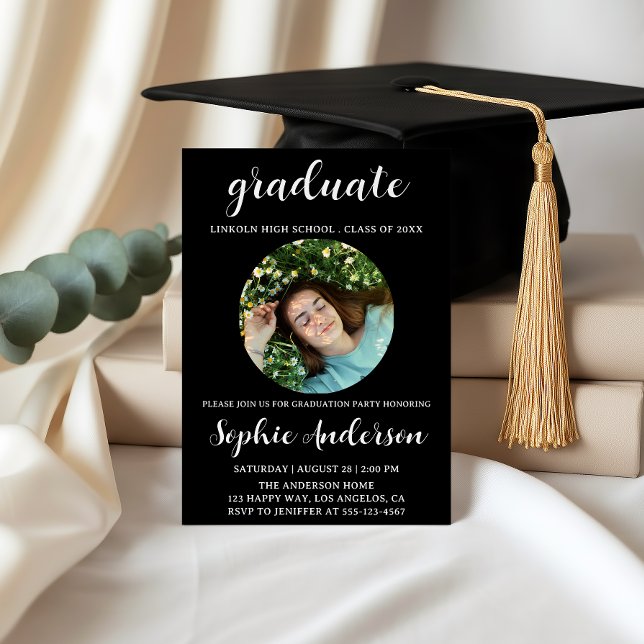 Convite Sophisticated Script Graduation Party with Photo (Criador carregado)