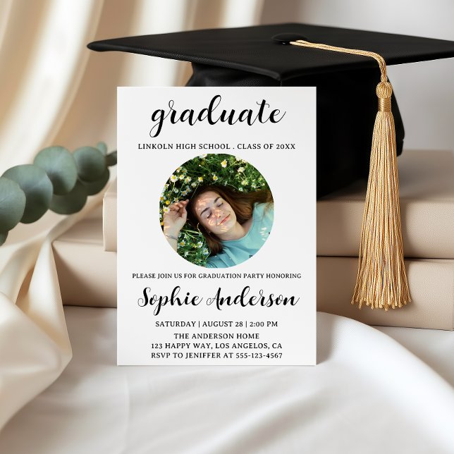 Convite Sophisticated Script Graduation Party with Photo (Criador carregado)