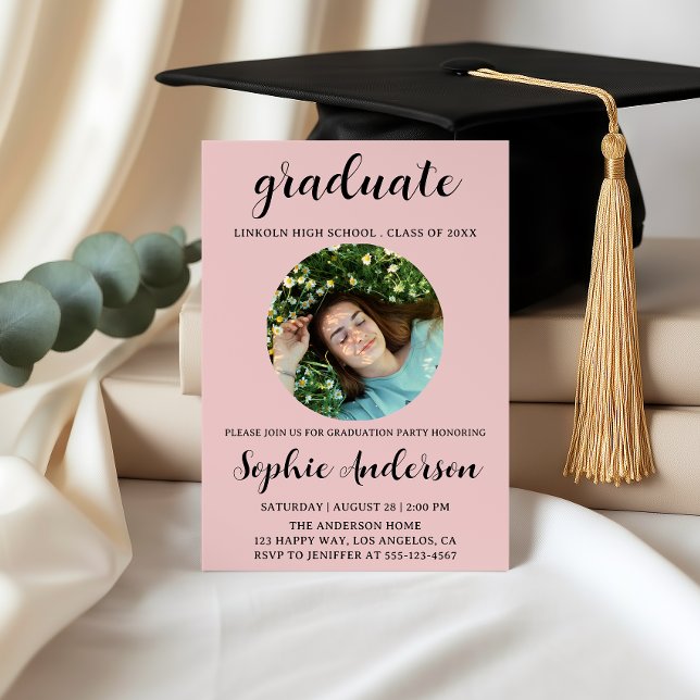Convite Sophisticated Script Graduation Party with Photo (Criador carregado)