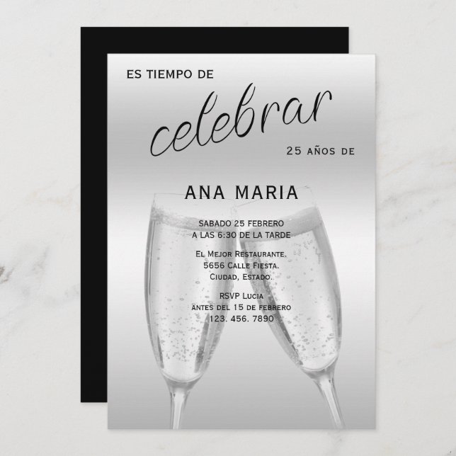 Convite Sophisticated Silver Spanish Feminine Birthday  (Frente/Verso)