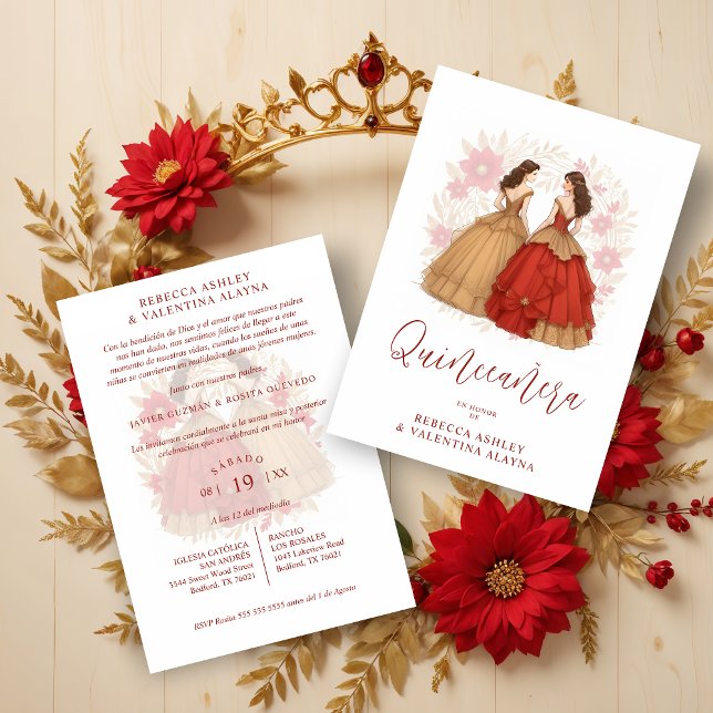 Convite Sophisticated Spanish Red & Gold Quinceañera Twins (Sophisticated Spanish Red & Gold Quinceañera Twins Invitations Cards.)