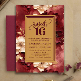 Convite Sophisticated Sweet 16 Burgundy Gold Floral Invite