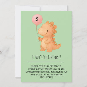 Convite Sorriso Dino Rosa Segurando Balão Aniversário