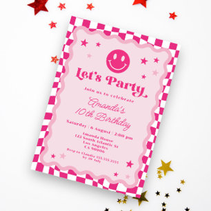 Convite Sorriso Feliz Fofo Rosa Vibrante Xadrez Aniversári