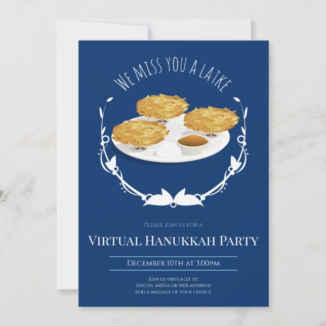 Convite Sorriso Latkes Blue White Virtual Hanukkah Party (Frente)