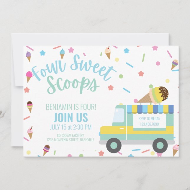 Convite Sorvete 4.o aniversário Gêmeos sibilantes (Frente)