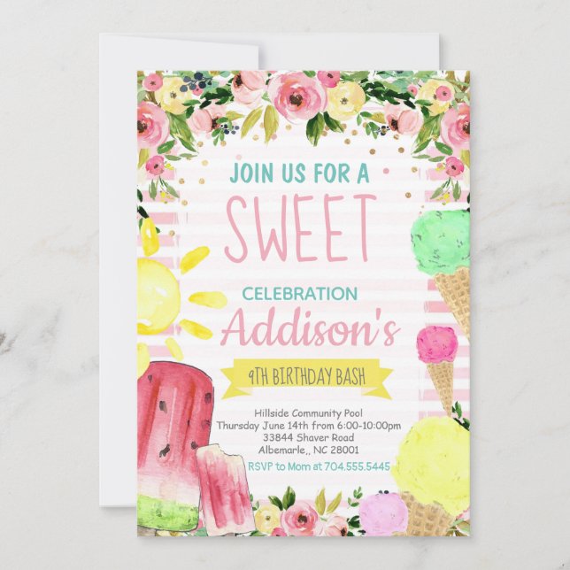Convite Sorvete Aniversário da piscina de Verão (Frente)
