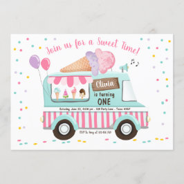 Convite Sorvete Caminhão - Rapariga de Aniversário Rosa