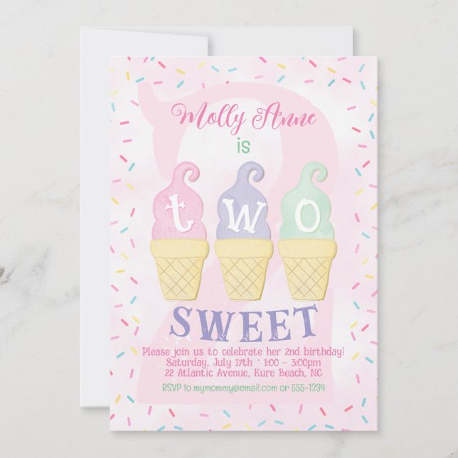 Convite Sorvete Cones Prprinkles Pastel segundo aniversári (Frente)