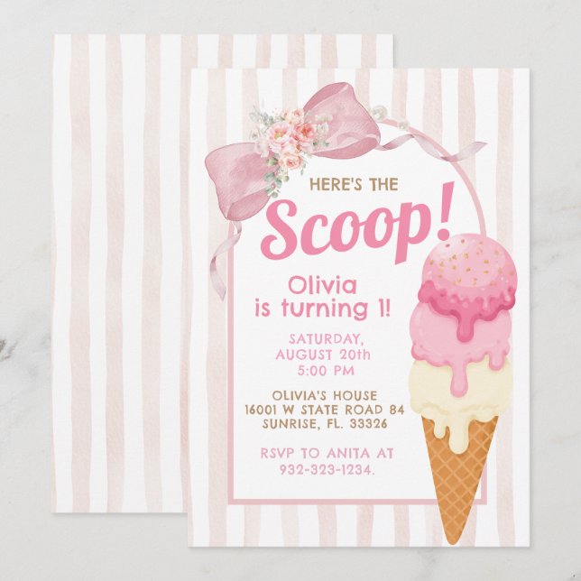 Convite Sorvete de Aniversário com Laço Rosa  (Frente/Verso)