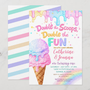 Convite Sorvete de Aniversário Double the Scoops com Brilh