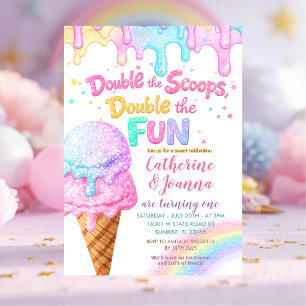 Convite Sorvete de Aniversário Double the Scoops com Brilh