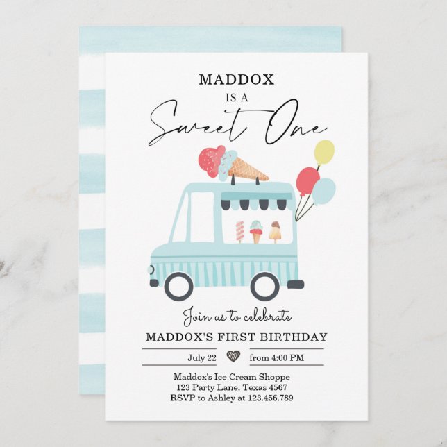 Convite Sorvete de caminhão Convidar garoto doce um (Frente/Verso)