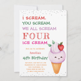 Convite Sorvete de morango Cone 4ª Festa de Aniversário