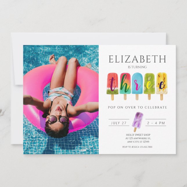 Convite Sorvete de picolé de aniversário de 3 anos de Verã (Frente)