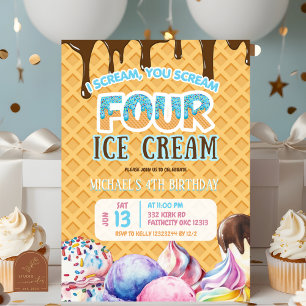 Convite Sorvete de Waffle de Chocolate 4º Aniversário