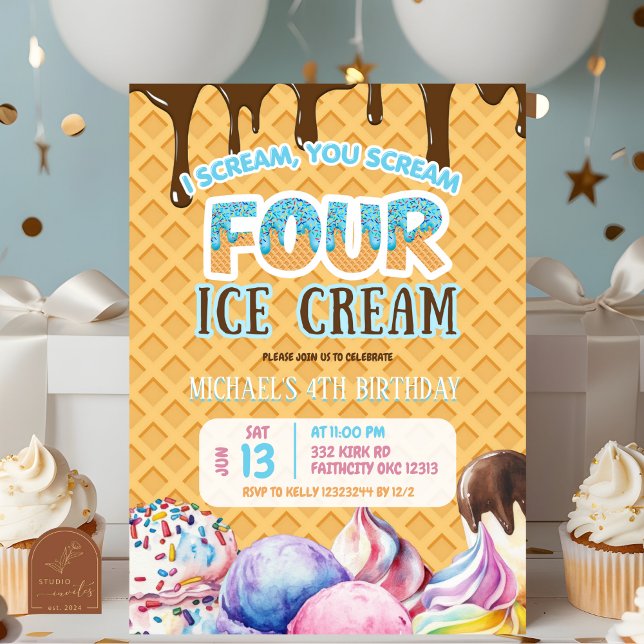 Convite Sorvete de Waffle de Chocolate 4º Aniversário (Criador carregado)