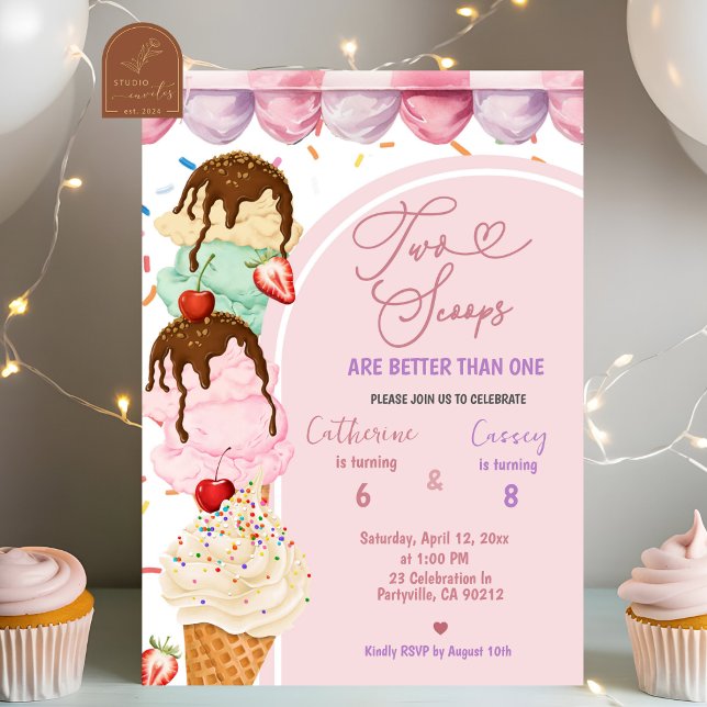 Convite Sorvete Doce Rosa Dupla colher aniversário conjunt (Criador carregado)