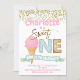 Convite Sorvete doce, um primeiro aniversario Dourado Spri