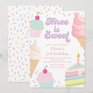 Convite Sorvete e aniversário de 3 anos de bolso