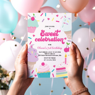Convite Sorvete e Bolo Doce Celebração de Aniversário