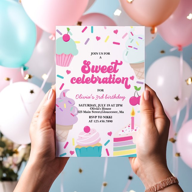 Convite Sorvete e Bolo Doce Celebração de Aniversário (Criador carregado)